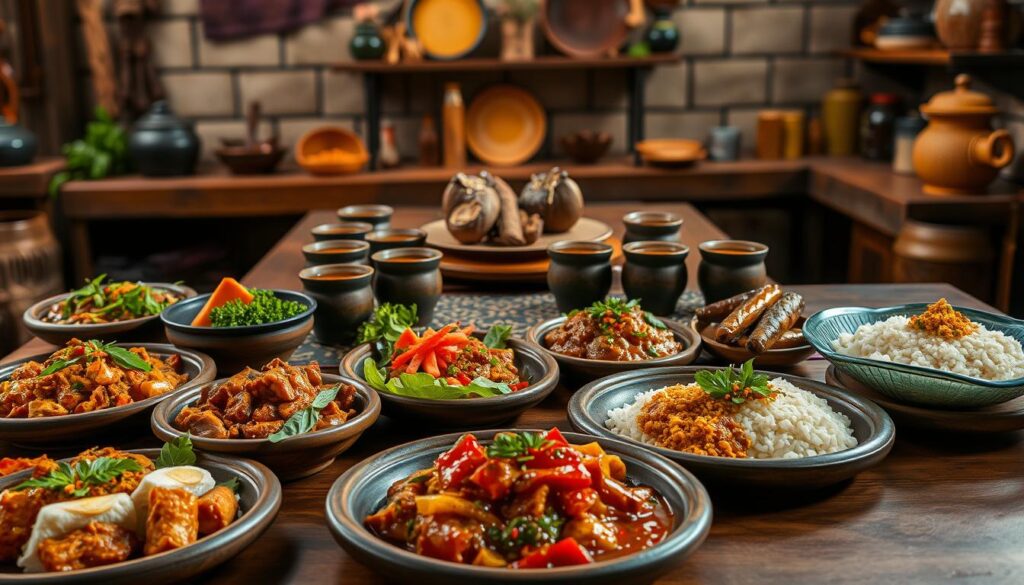 A beautifully arranged display of traditional Sumateran cuisine, featuring vibrant dishes like Rendang, Nasi Padang, and Sate Padang. In the foreground, show a colorful assortment of food served on traditional wooden plates, garnished with fresh herbs and spices. The middle ground highlights a rustic wooden table adorned with intricate batik cloth, surrounded by traditional ceramic cups filled with herbal tea. In the background, depict a softly lit kitchen with warm, ambient lighting, showcasing spices and cooking utensils that evoke a rich culinary heritage. The atmosphere feels inviting and warm, emphasizing the communal aspect of sharing food. The scene should embody a sense of cultural richness and authenticity, capturing the essence of Sumateran gastronomy. A beautifully arranged display of traditional Sumateran cuisine, featuring vibrant dishes like Rendang, Nasi Padang, and Sate Padang. In the foreground, show a colorful assortment of food served on traditional wooden plates, garnished with fresh herbs and spices. The middle ground highlights a rustic wooden table adorned with intricate batik cloth, surrounded by traditional ceramic cups filled with herbal tea. In the background, depict a softly lit kitchen with warm, ambient lighting, showcasing spices and cooking utensils that evoke a rich culinary heritage. The atmosphere feels inviting and warm, emphasizing the communal aspect of sharing food. The scene should embody a sense of cultural richness and authenticity, capturing the essence of Sumateran gastronomy.