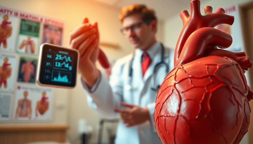 A close-up view of a healthy heart model in the foreground, alongside a human figure dressed in professional attire, looking at a digital heart monitor displaying various heart activity metrics. The middle ground features a doctor in a lab coat, explaining heart disease symptoms, with a stethoscope around their neck. The background includes a softly lit hospital room with anatomical posters of the heart and cardiovascular system on the walls. The lighting is warm and inviting, creating a sense of hope and awareness. Focus on the heart model’s veins and arteries, providing a clear understanding of heart health issues. The mood should be educational and reassuring, emphasizing the importance of recognizing heart disease symptoms for timely diagnosis.