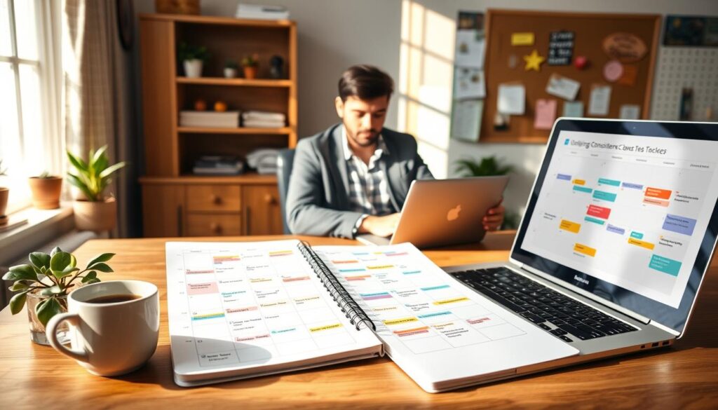 A cozy home office setting with a wooden desk, where a notebook and a laptop are open, displaying a well-organized blogging calendar filled with colorful icons and project deadlines. In the foreground, a cup of coffee and a plant add warmth to the scene. The middle ground features a motivated individual, dressed in smart casual attire, focused on planning and scheduling blog posts. Sunlight pours in through a nearby window, casting soft shadows and creating an inviting atmosphere. In the background, a wall-mounted bulletin board is filled with reminders and notes about blogging consistency. The overall mood is productive and inspiring, encouraging a sense of creativity and organization for maintaining a consistent blogging schedule. A cozy home office setting with a wooden desk, where a notebook and a laptop are open, displaying a well-organized blogging calendar filled with colorful icons and project deadlines. In the foreground, a cup of coffee and a plant add warmth to the scene. The middle ground features a motivated individual, dressed in smart casual attire, focused on planning and scheduling blog posts. Sunlight pours in through a nearby window, casting soft shadows and creating an inviting atmosphere. In the background, a wall-mounted bulletin board is filled with reminders and notes about blogging consistency. The overall mood is productive and inspiring, encouraging a sense of creativity and organization for maintaining a consistent blogging schedule.