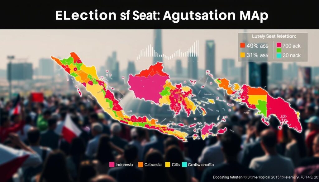 A detailed visual representation of the 2019 election seat acquisition map of political parties in Indonesia. In the foreground, a colorful map shows the distribution of seats among various parties, utilizing vibrant colors for each political party, indicating their strength. In the middle ground, there's a subtle overlay of graphs and statistics in soft tones to complement the map without cluttering it. The background features a blurred silhouette of a bustling Indonesian cityscape, symbolizing political engagement. Natural lighting enhances the clarity of the map, and the tone is professional and analytical. The mood conveys a sense of seriousness and importance, illustrating the impact of political party strength in elections, with a focus on clarity and accessibility for the audience.