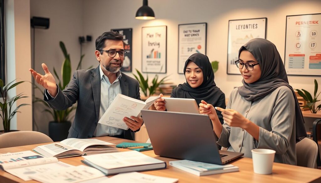 A diverse group of professionals engaged in a discussion about practical tips for earning halal income. In the foreground, a middle-aged man in business attire gestures enthusiastically while holding a notebook filled with ideas. Next to him, a young woman in modest casual clothing takes notes on her laptop, her expression focused and keen. In the middle ground, a table is scattered with financial books, charts, and a coffee cup, symbolizing brainstorming. The background features a modern office setting with plants and motivational posters, creating an inviting atmosphere. Soft, warm lighting illuminates the scene, casting a comfortable ambiance. The overall mood is one of collaboration, learning, and inspiration as they explore ethical ways to generate income. A diverse group of professionals engaged in a discussion about practical tips for earning halal income. In the foreground, a middle-aged man in business attire gestures enthusiastically while holding a notebook filled with ideas. Next to him, a young woman in modest casual clothing takes notes on her laptop, her expression focused and keen. In the middle ground, a table is scattered with financial books, charts, and a coffee cup, symbolizing brainstorming. The background features a modern office setting with plants and motivational posters, creating an inviting atmosphere. Soft, warm lighting illuminates the scene, casting a comfortable ambiance. The overall mood is one of collaboration, learning, and inspiration as they explore ethical ways to generate income.