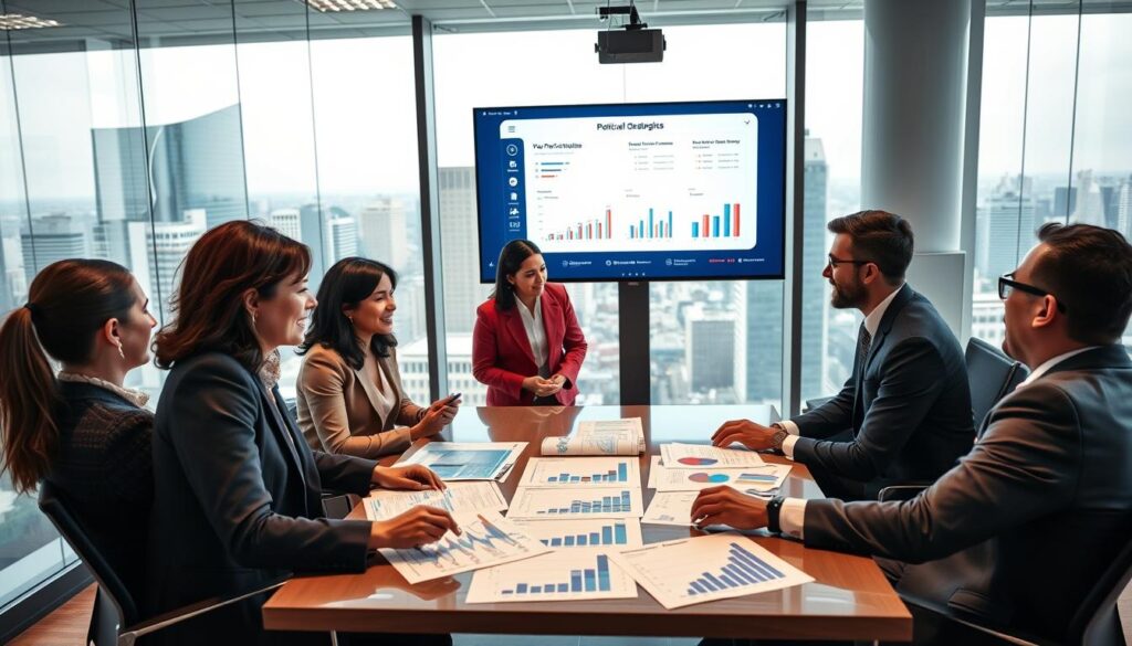 A dynamic scene depicting a diverse group of political strategists in a modern conference room, deep in discussion about strategies to strengthen their political party. In the foreground, two women and two men in professional business attire, animatedly engaging in a brainstorming session with charts and graphs spread across the table. The middle ground shows a large digital screen displaying key performance indicators related to political campaigns. In the background, floor-to-ceiling windows reveal a bustling cityscape, symbolizing the political landscape. The lighting is bright and focused, casting a professional ambiance, while a shallow depth of field draws attention to the participants. The overall mood is energetic and collaborative, highlighting the urgency and importance of political strategy in electoral success.