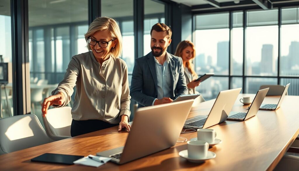 A modern, dynamic workspace featuring a diverse team of small business owners engaged in a digital transformation discussion. In the foreground, a middle-aged woman with glasses, wearing a smart blouse, points at a laptop screen showcasing digital tools for business efficiency. Beside her, a young man in a blazer, taking notes on a tablet, looks intrigued. The middle ground shows a stylish conference table filled with laptops, tablets, and coffee cups, reflecting a collaborative atmosphere. In the background, large windows reveal a city skyline, with soft morning light streaming in, creating a warm and optimistic mood. Emphasize a professional, innovative, and inspirational ambiance without any distractions or clutter. A modern, dynamic workspace featuring a diverse team of small business owners engaged in a digital transformation discussion. In the foreground, a middle-aged woman with glasses, wearing a smart blouse, points at a laptop screen showcasing digital tools for business efficiency. Beside her, a young man in a blazer, taking notes on a tablet, looks intrigued. The middle ground shows a stylish conference table filled with laptops, tablets, and coffee cups, reflecting a collaborative atmosphere. In the background, large windows reveal a city skyline, with soft morning light streaming in, creating a warm and optimistic mood. Emphasize a professional, innovative, and inspirational ambiance without any distractions or clutter.