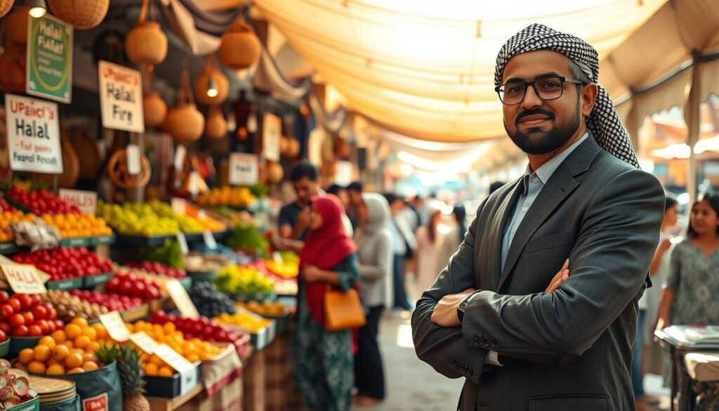 A professional Muslim entrepreneur standing confidently at a bustling market, showcasing a variety of halal products like organic foods and Islamic handicrafts. In the foreground, the entrepreneur, a middle-aged man wearing a smart business suit with a traditional Islamic headpiece, interacts with a diverse group of customers, reflecting inclusivity. The middle ground features colorful stalls filled with fresh fruits and artisanal goods, all labeled with halal signs. The background shows a vibrant marketplace with people shopping and friendly conversations, under warm, natural sunlight filtering through a canopy of fabric. The atmosphere is lively and positive, emphasizing principles of ethical entrepreneurship. Use a wide-angle lens to capture the dynamic marketplace setting, with soft, inviting lighting to enhance the welcoming vibe. A professional Muslim entrepreneur standing confidently at a bustling market, showcasing a variety of halal products like organic foods and Islamic handicrafts. In the foreground, the entrepreneur, a middle-aged man wearing a smart business suit with a traditional Islamic headpiece, interacts with a diverse group of customers, reflecting inclusivity. The middle ground features colorful stalls filled with fresh fruits and artisanal goods, all labeled with halal signs. The background shows a vibrant marketplace with people shopping and friendly conversations, under warm, natural sunlight filtering through a canopy of fabric. The atmosphere is lively and positive, emphasizing principles of ethical entrepreneurship. Use a wide-angle lens to capture the dynamic marketplace setting, with soft, inviting lighting to enhance the welcoming vibe.