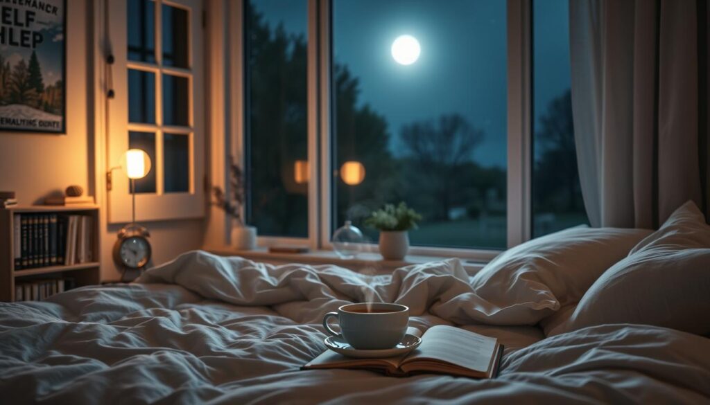 A serene bedroom scene at night, softly illuminated by gentle moonlight streaming through a window. In the foreground, a cozy bed with fluffy pillows and a calming comforter, surrounded by subtle elements that promote relaxation, such as a small bookshelf containing self-help books, a diffuser emitting lavender mist, and a journal with a pen. In the middle, a bedside table with a steaming cup of herbal tea and a clock showing a peaceful hour. The background reveals peaceful nature outside the window, with a tranquil starry sky. The mood is soothing and tranquil, intended to evoke a sense of comfort and well-being. Use soft, cool lighting to enhance the calming atmosphere, with a wide-angle lens effect to create depth.
