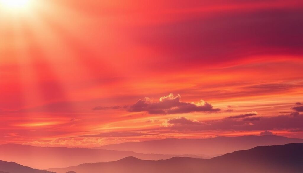 A stunning illustration of light scattering in the atmosphere, prominently featuring a vibrant red sky transitioning to shades of orange and purple, symbolizing Rayleigh scattering. The foreground captures a silhouette of distant mountains, contrasting against the colorful sky. In the middle ground, wispy clouds intermingle with beams of sunlight breaking through, showcasing the diffusion of light. The background presents a gradient sky with deep, rich colors, blending harmoniously to evoke a sense of wonder and awe. The lighting should be soft yet dynamic, highlighting the interplay of light and color. Capture this scene at a slight upward angle to emphasize the vastness of the sky, creating an atmosphere of serene beauty and scientific intrigue.