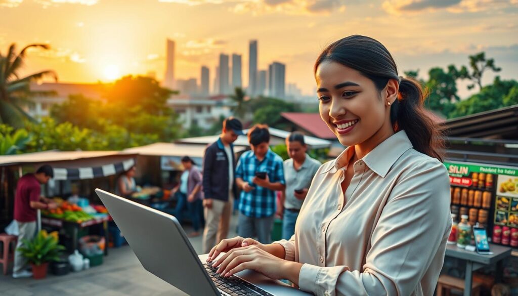 A vibrant scene illustrating digital opportunities for microbusinesses in Indonesia, showcasing a diverse group of small business owners. In the foreground, a smiling woman in professional attire is using a laptop, analyzing data on her screen. The middle ground features various business setups, such as a market stall with digital payment options and a small workshop with online selling displays. In the background, a city skyline blends with lush greenery, symbolizing growth and connectivity in the digital age. Bright, natural lighting enhances the optimistic atmosphere, with a warm, inspiring sunset casting a golden glow. The angle should be slightly elevated to capture both the bustling activity and the serene environment, portraying a harmonious blend of tradition and modernity. A vibrant scene illustrating digital opportunities for microbusinesses in Indonesia, showcasing a diverse group of small business owners. In the foreground, a smiling woman in professional attire is using a laptop, analyzing data on her screen. The middle ground features various business setups, such as a market stall with digital payment options and a small workshop with online selling displays. In the background, a city skyline blends with lush greenery, symbolizing growth and connectivity in the digital age. Bright, natural lighting enhances the optimistic atmosphere, with a warm, inspiring sunset casting a golden glow. The angle should be slightly elevated to capture both the bustling activity and the serene environment, portraying a harmonious blend of tradition and modernity.