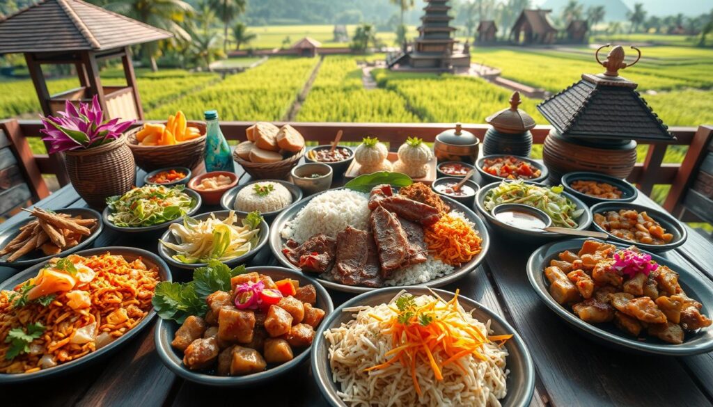 A vibrant spread of traditional Javanese and Balinese dishes beautifully arranged on a rustic wooden table. In the foreground, include colorful portions of Nasi Goreng, Sate Ayam, and Gado-Gado, garnished with fresh herbs and vibrant vegetables. In the middle, display a beautifully crafted Balinese Babi Guling and a platter of Ayam Betutu, surrounded by fragrant rice and vibrant sambals. The background features lush green rice paddies and a traditional Balinese temple to evoke a sense of authenticity. Utilize soft natural lighting for a warm atmosphere, with a slight lens flare to enhance the relaxing, inviting mood. Capture the angle from a slightly elevated perspective to encompass the entire feast, showcasing the rich culinary heritage of Java and Bali. A vibrant spread of traditional Javanese and Balinese dishes beautifully arranged on a rustic wooden table. In the foreground, include colorful portions of Nasi Goreng, Sate Ayam, and Gado-Gado, garnished with fresh herbs and vibrant vegetables. In the middle, display a beautifully crafted Balinese Babi Guling and a platter of Ayam Betutu, surrounded by fragrant rice and vibrant sambals. The background features lush green rice paddies and a traditional Balinese temple to evoke a sense of authenticity. Utilize soft natural lighting for a warm atmosphere, with a slight lens flare to enhance the relaxing, inviting mood. Capture the angle from a slightly elevated perspective to encompass the entire feast, showcasing the rich culinary heritage of Java and Bali.