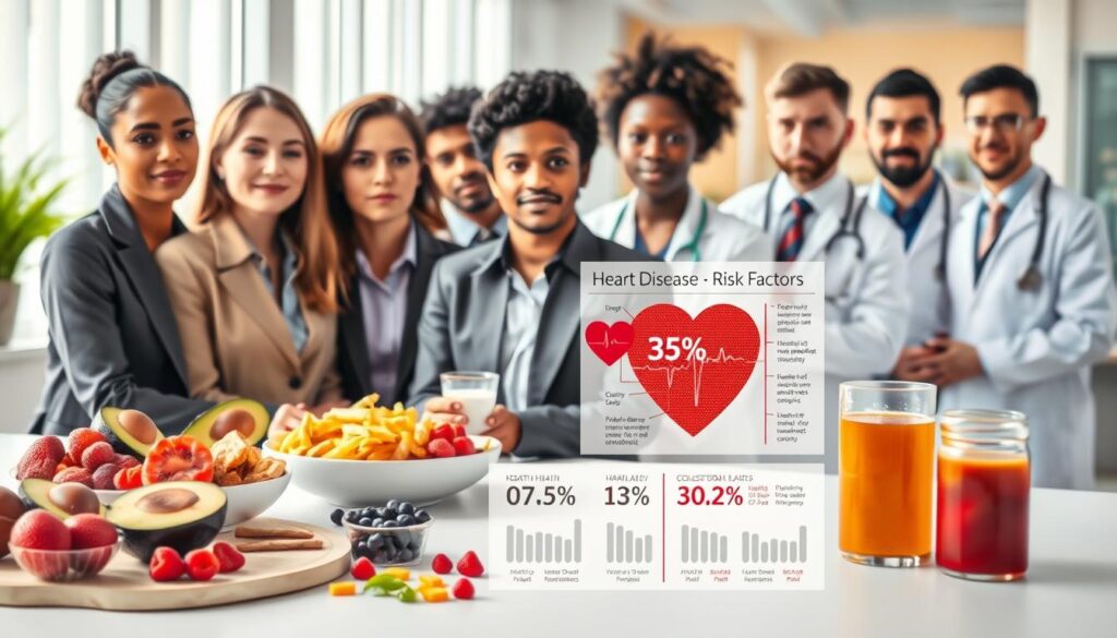 A visually striking composition illustrating heart disease risk factors. In the foreground, a diverse group of people in professional attire discusses heart health, their expressions serious yet engaged. To the left, a table displays healthy foods like avocados and berries, contrasting with unhealthy foods like fried snacks and sugary drinks to symbolize dietary risk factors. In the middle ground, a medical infographic highlights statistics on heart disease, featuring elements like blood pressure and cholesterol levels. The background showcases a soft-focus hospital setting with doctors examining medical charts and patients. Bright, natural lighting enhances the atmosphere, emphasizing the urgency of heart health awareness. The overall mood is informative and cautionary, urging viewers to consider lifestyle choices related to heart disease risks.