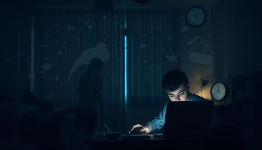 An ethereal scene depicting the effects of insomnia on mental and physical health. In the foreground, a weary individual sits at a cluttered desk under dim lighting, their face illuminated by the glow of a laptop screen, with dark circles under their eyes, conveying stress and exhaustion. In the middle ground, scenes of chaotic thoughts swirl around them, represented as shadowy figures and tangled lines, illustrating anxiety and restlessness. The background shows a shadowy bedroom, with curtains drawn tight, and a clock displaying a late hour, enhancing the sense of isolation and despair. Use soft, muted colors to evoke a somber mood, with a gentle, diffused light to create an introspective atmosphere. The angle should be slightly above eye level, capturing the overwhelming nature of insomnia while maintaining a professional and safe representation.