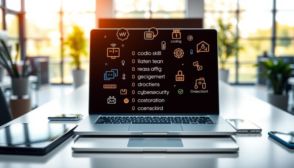 A visually striking and informative illustration showcasing a list of in-demand technology skills for the future job market. In the foreground, display a modern workspace with a sleek laptop open, surrounded by digital devices like a tablet and smartphone, emphasizing the theme of technology. In the middle ground, feature an abstract representation of popular tech skills, such as coding, data analysis, and cybersecurity, illustrated as colorful icons or symbols floating above the workspace. The background should depict a bright, professional office environment, with large windows allowing natural light to flood in, creating a vibrant and optimistic atmosphere. Use a shallow depth of field to focus on the foreground workspace while subtly blurring the background, enhancing the clarity of the main subjects. The overall mood should be inspiring and forward-looking, perfect for illustrating career development in technology.